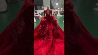 Red ball gown heavy beaded lace wedding dress wholesale [upl. by Nylinej]