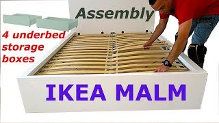 Ikea MALM Bed frame assembly with 4 storage boxes Whiteluröy [upl. by Dore]