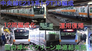 【中央線E233系トタT33編成グリーン車増結して12両編成で運用復帰・中央線E233系12両編成5編成目の運用開始】グリーン車連結は今後幕張だけでなく豊田や国府津でも実施する形に [upl. by Burnside750]