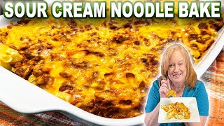 SOUR CREAM NOODLE BAKE Easy Ground Beef Noodle Casserole [upl. by Eentroc]