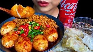 Soft Boiled Eggs Dumpling amp Spicy Fire Chicken Noodles  MUKBANG SOUNDS [upl. by Atteynad849]