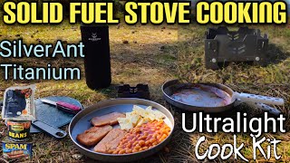 Solid Fuel Stove Cooking  Ultralight Titanium Cook Kit SilverAnt Titanium Plates with Trangia Grip [upl. by Neicul859]