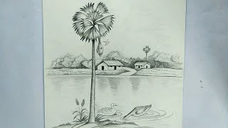 how to draw a village scenery  palmyra palm tree drawing [upl. by Gladis]