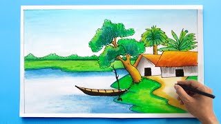 Simple Village Scenery Drawing  Easy Landscape drawing  Drawing Class 5 [upl. by Caneghem554]