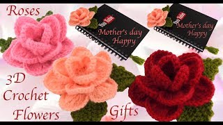 Como hacer flor rosa 3D a Crochet Como hacer regalos lindos fáciles y rápidos para el día la Madre [upl. by Niwhsa565]