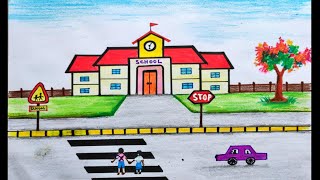 Road safety drawing  Road safety poster for school  School drawing with road safety easy [upl. by Zetrac475]