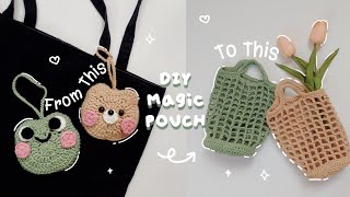 ♡ Crochet Magic Pouch that turns into Net Bags  Bear amp Frog Pouch Tutorial ♡ [upl. by Sheets]