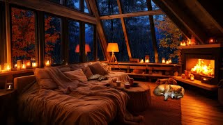 Cozy Gentle Autumn Rain with Crackling Fire with Cat amp Dog  Sleep Relax Study [upl. by Reivazx322]