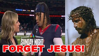 NBC DESTROYED for DELETING CJ Stroud thanking Jesus after Texans playoff win in postgame interview [upl. by Brena]