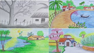 How to Draw a Beautiful and Easy Sceneries of Village  Simple and easy  step by step [upl. by Oecam]