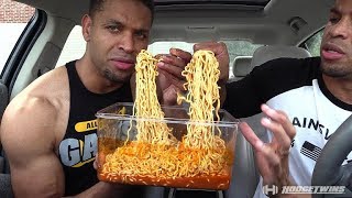 EXTREME SPICY CHEESE RAMEN NOODLE CHALLENGE  MUKBANG hodgetwins [upl. by Einoj]