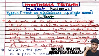 Hypothesis Testing Problems  Z Test amp T Statistics  One amp Two Tailed Tests 2  problem 1 [upl. by Aiym]