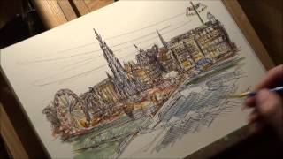 Edinburgh Christmas time lapse watercolour of Princes Street [upl. by Aisayt330]