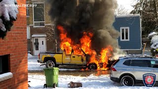 Montreal  Fully Involved Snow Plow Truck Fire  Feu dun PickUp de Déneigement [upl. by Ahsenor]