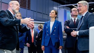 Crown Princess Victoria of Sweden in a Veronica Beard suit visiting Ericsson [upl. by Earlie]