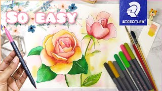 HOW TO USE WATERCOLOR BRUSH PENS beginner watercolor brush pens tutorial  STAEDTLER BRUSH PEN [upl. by Iseabal]