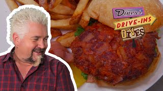 Guy Fieri Tries a Bacon and Blue Cheese Stuffed Burger  Diners Driveins and Dives  Food Network [upl. by Jobi]