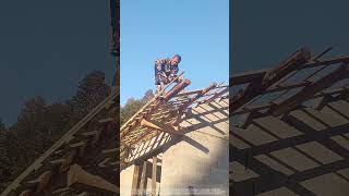 Sawing Wood on Roof with Chainsaw [upl. by Anelej]