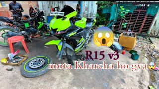 R15 V3 service  Engine Oil change  Front Wheel Bearing Change [upl. by Ennaej]