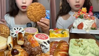 Asmr Eating Cream CakeMoon CakeMini CakeStrawberry CakeEating Fruits Creamy Cake Dessert Mukbang [upl. by Annadiane]