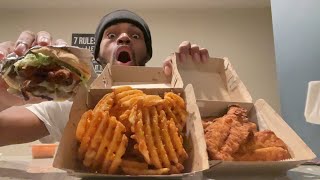 delicious mukbang cheddar bacon cheeseburger waffles fries amp chicken tenders [upl. by Wagstaff]