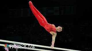 Zou Jingyuan CANNOT BE DENIED defends Olympic gold on parallel bars  Paris Olympics  NBC Sports [upl. by Enawyd546]