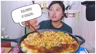 Kimchi Macaroni and Cheese Recipe Mukbang social eating [upl. by Autry]