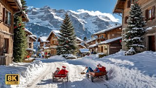 Mürren Switzerland 🇨🇭🎄A Breathtaking Sunny Day in Mürren Switzerlands Snow Paradise 8K ❄️ [upl. by Niffirg504]