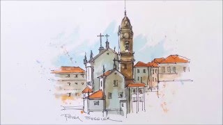 A Water Brush Demonstration line and wash watercolour of a Cathedral in Portugal [upl. by Lhamaj]