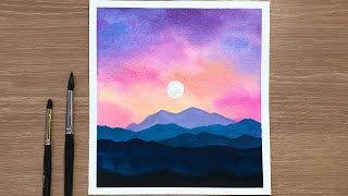 Glowy Sky amp Mountains  Easy Watercolor Sunset Tutorial for Beginners Step By Step [upl. by Acima830]