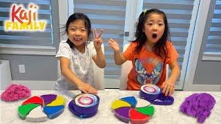 Emma and Kate Play in Kinetic Sand Spin Art [upl. by Irianat]