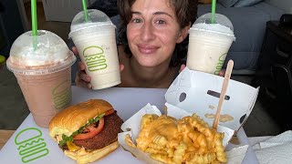 Shake Shack Mukbang Burgers Fries amp NEW Milkshake Flavors 🍔😋 [upl. by Nelleus]