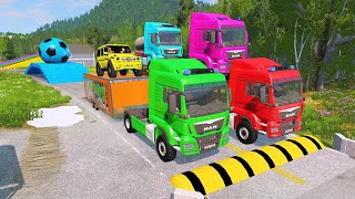 Double Flatbed Trailer Truck vs Speedbumps Train vs Cars  Tractor vs Train BeamngDrive 050 [upl. by Fraze452]