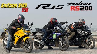 Hero karizma XMR vs Bajaj Pulsar RS200 vs Yamaha R15M Drag Race [upl. by Bigot]