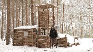 Bushcraft Camp in the Snow  Fire Shelter Axe Cooking Fish [upl. by Burne963]