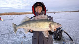 FIRST ICE Walleye Fishing on THIN ICE 3MAN LIMIT [upl. by Lachish]