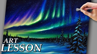 Acrylic Landscape Painting Lesson  Northern lights and night stars [upl. by Robb257]