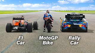 F1 Car vs MotoGP Bike vs Rally Car Ultimate Drag Race [upl. by Haibot]