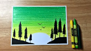 Easy Wax Crayon Drawing  Green scenery [upl. by Dalis]