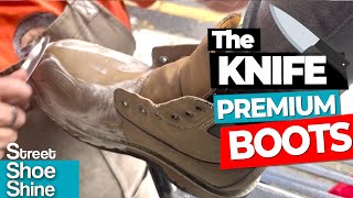 ASMR Shoe Shine on my BOOTS 🔪🧼🔪 KNIFE on SUEDE asmr shoeshine [upl. by Mehetabel274]