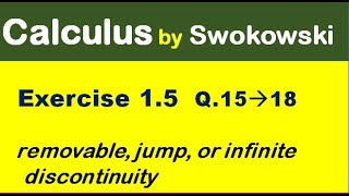 Calculus by Swokowski Exercise 15 Q 15 to 18 removable jump or infinite discontinuity [upl. by Vivia125]