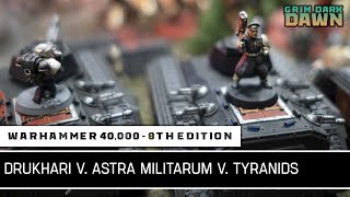 Drukhari vs Astra Militarum vs Tyranids  Warhammer 40000 Battle Report  Grim Dark Dawn 2x14 [upl. by Malvia]