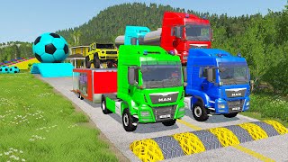 Double Flatbed Trailer Truck vs Speedbumps Train vs Cars  Tractor vs Train BeamngDrive 054 [upl. by Lawrence]