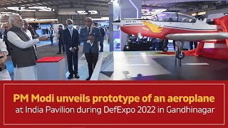 PM Modi unveils prototype of an aeroplane at India Pavilion during DefExpo 2022 in Gandhinagar [upl. by Ailak595]