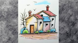 Pencil Drawing Village  Colored Pencils and Ink Landscape Scenery Drawing  Pencil Sketch Tutorial [upl. by Nairde]