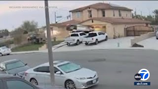 Car goes airborne crashes into garage of California home [upl. by Highams]