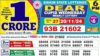 sikkim state dear cupid wednesday weekly lottery result today  sikkim lottery result 6pm live draw [upl. by Karlen740]