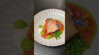 Red bass tomato green pea and edible flowers foodie finedining plating foodshorts shortfood [upl. by Mendy]