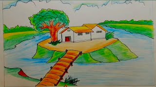 pencil drawing scenery  scenery drawing with pencil colour  landscape drawing easy  tree house [upl. by Notnarb]