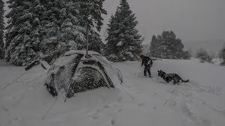 Caught in a Snowstorm  Winter Camping in Very Bad Weather Hot Tent Deep Snow Strong Winds [upl. by Laehcim897]